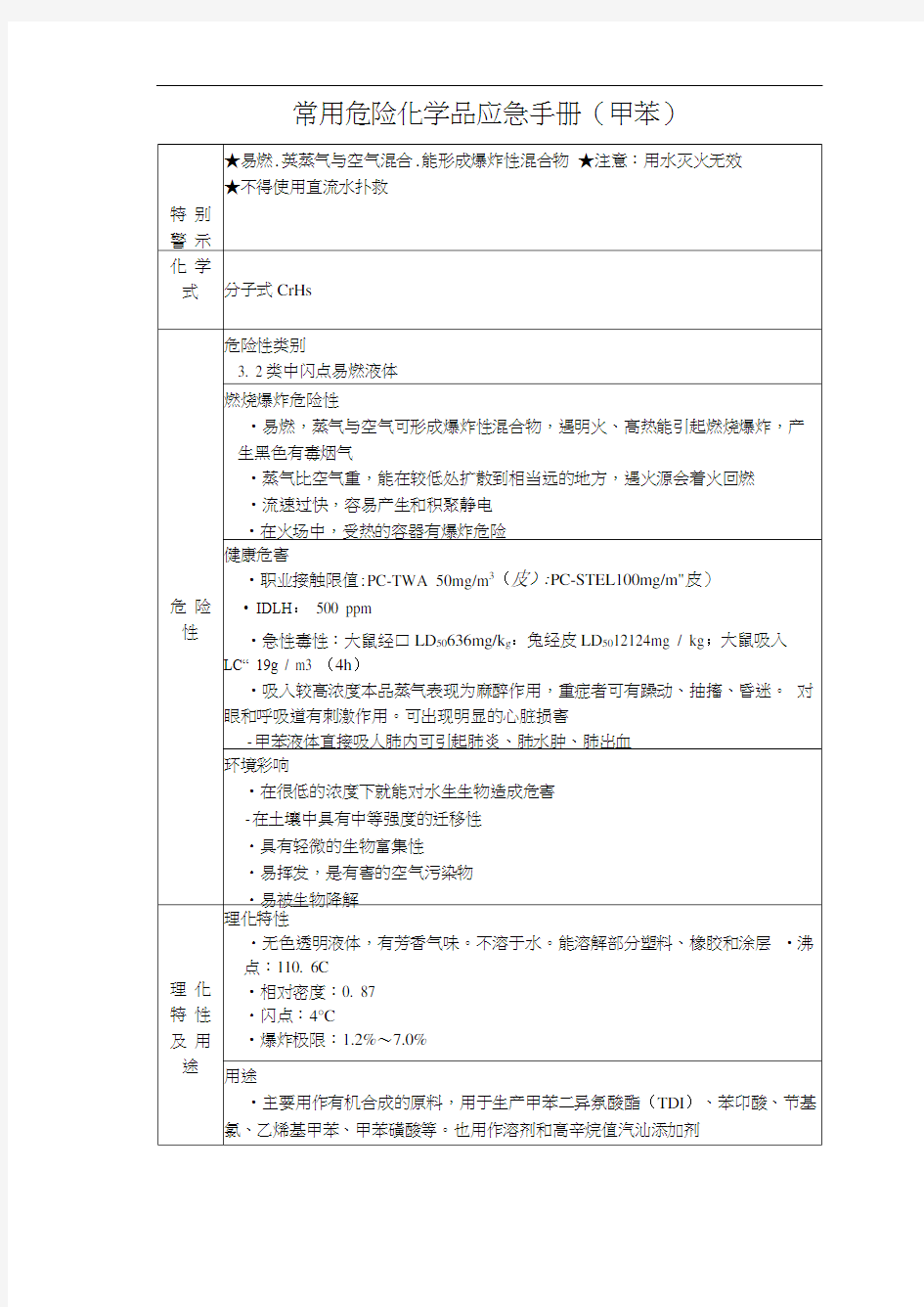 常用危险化学品应急手册(甲苯)