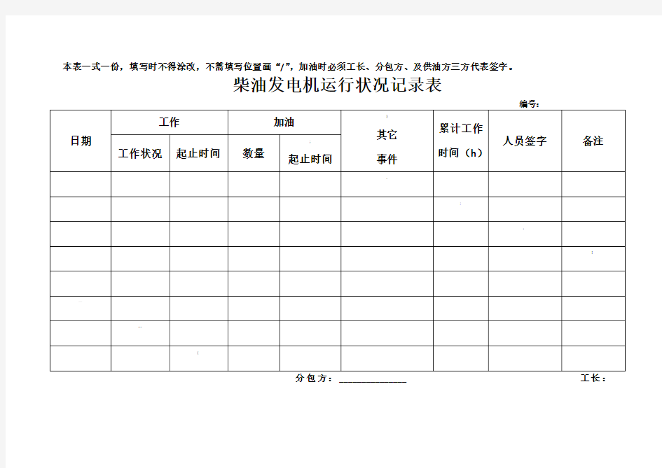 柴油发电机运行状况记录表