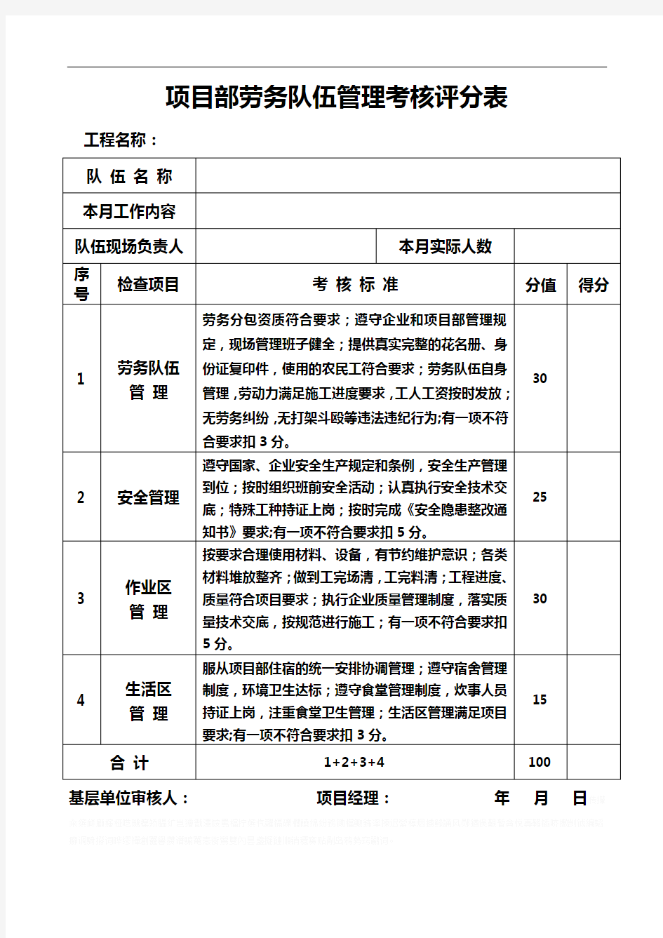 劳务队伍考核评分表