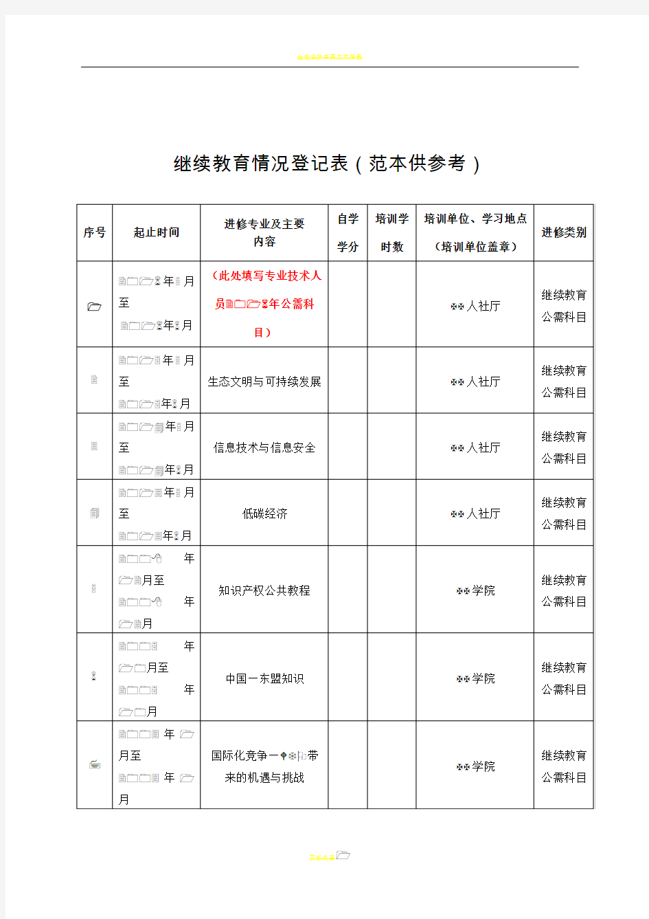 继续教育情况登记表(范本)