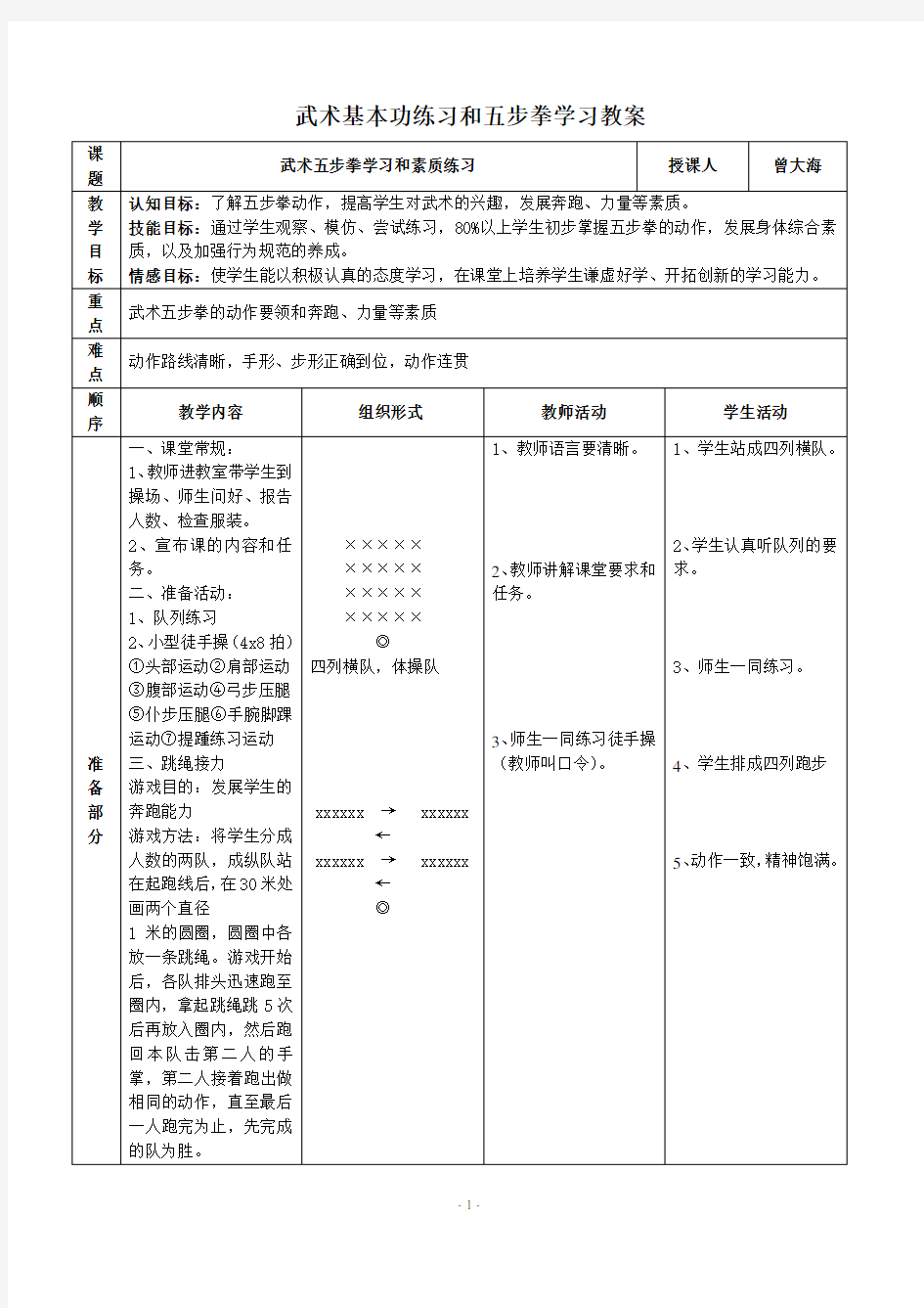 武术基本功练习和五步拳教案(公开课)