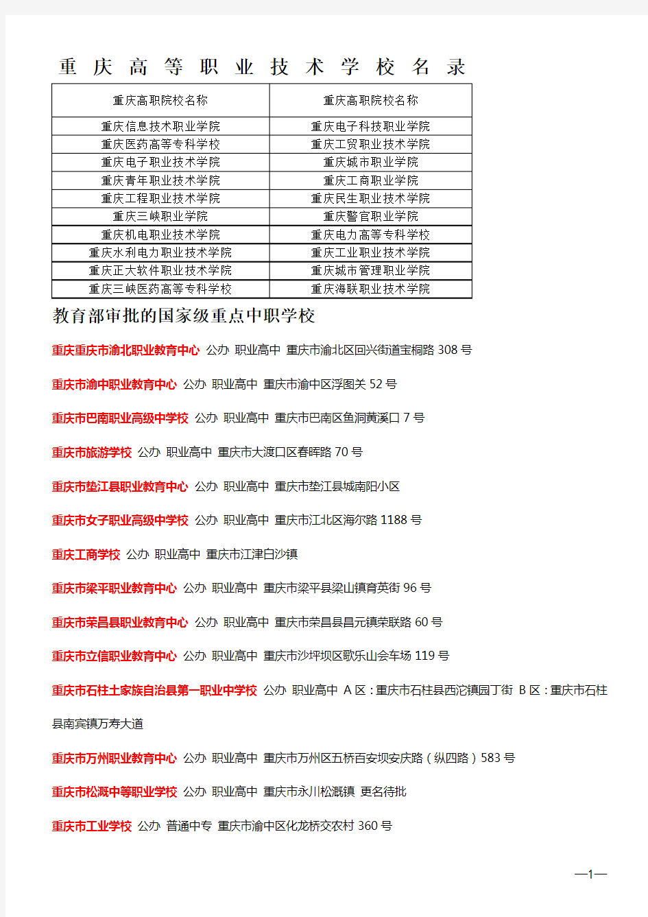 重庆市中、高职学校名录