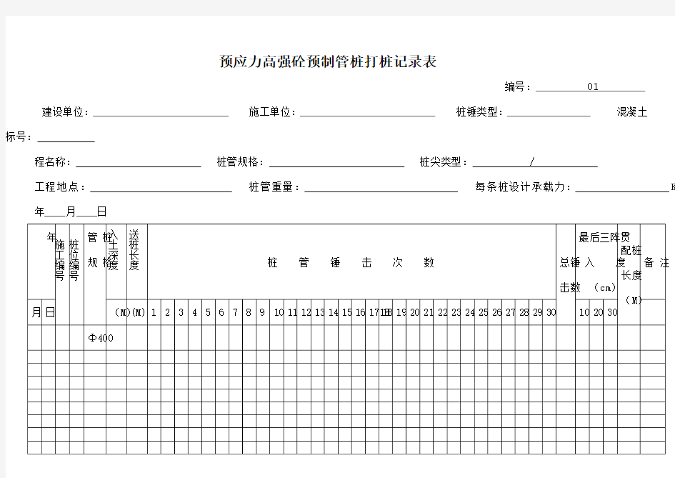 预应力高强砼预制管桩打桩记录表