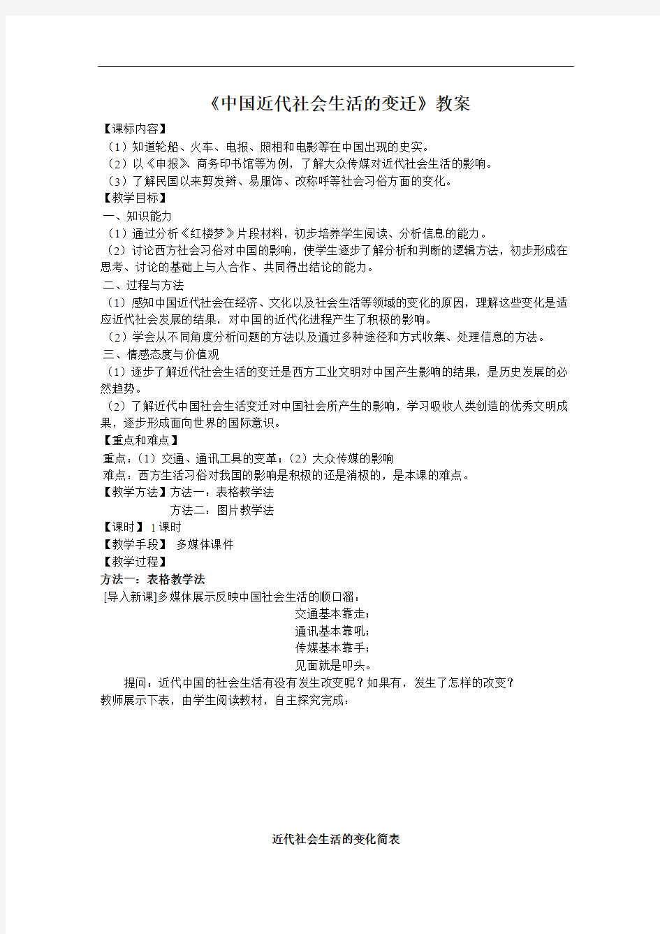 《中国近代社会生活的变迁》教案