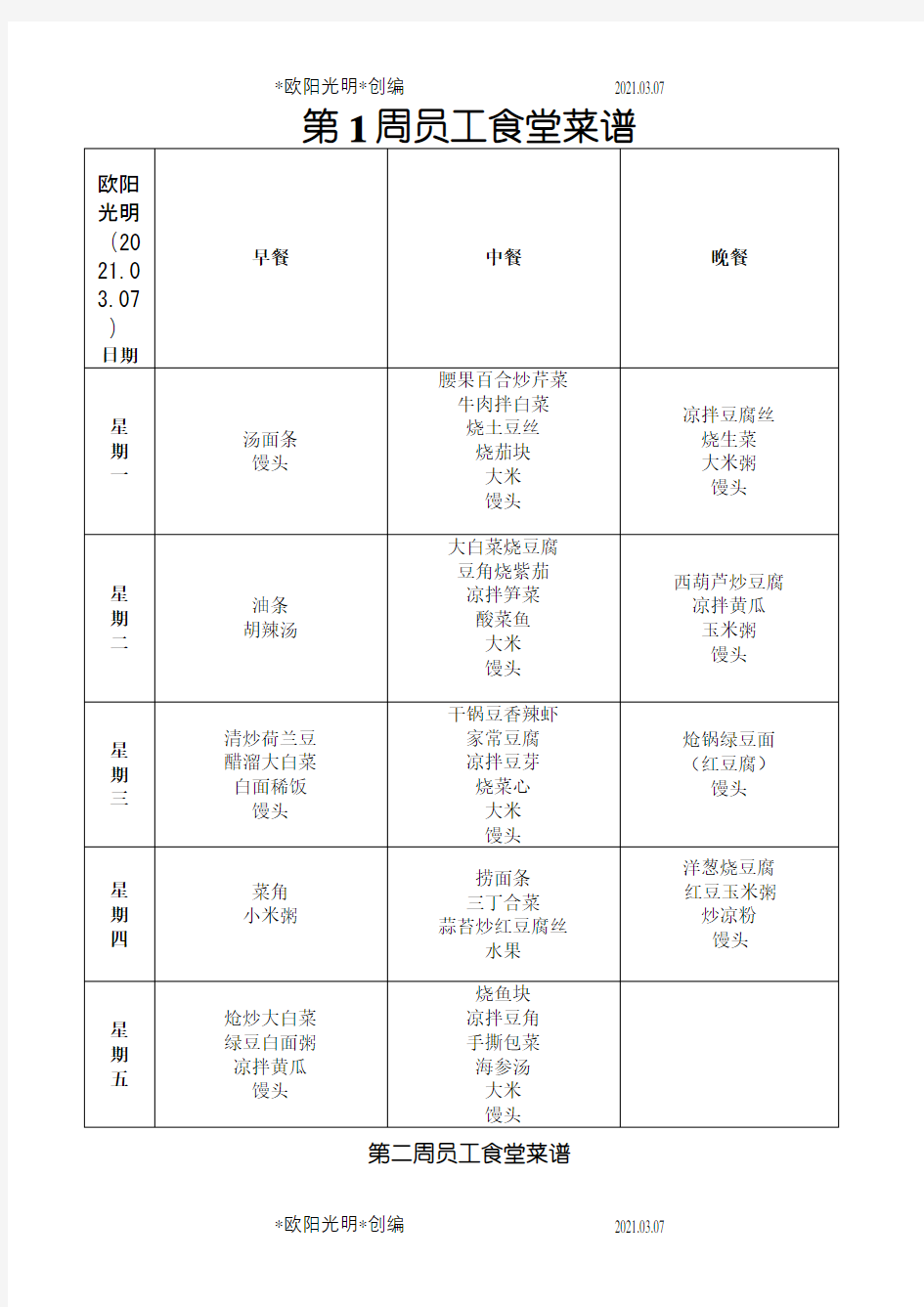 2021年一个月员工食堂菜谱