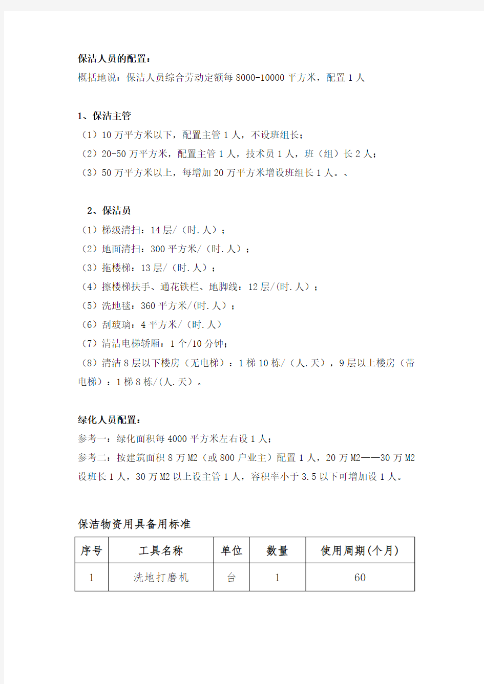 物业保洁人员及物资配备方案