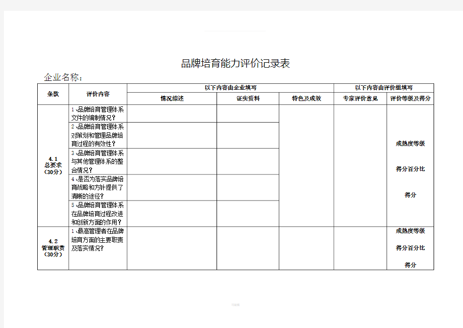 品牌培育能力评价记录表