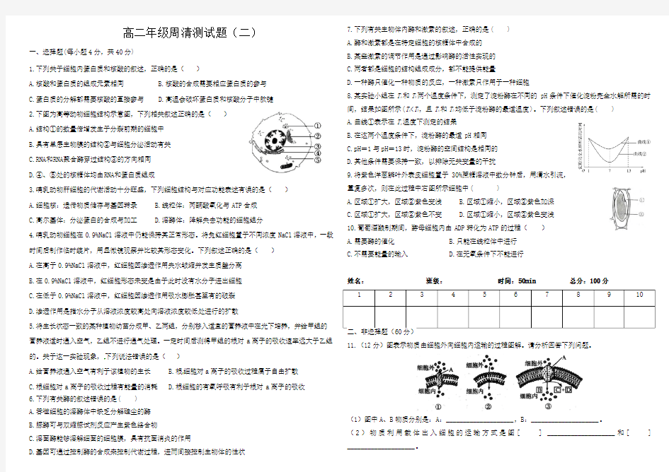 高二年级生物周清测试题(二)