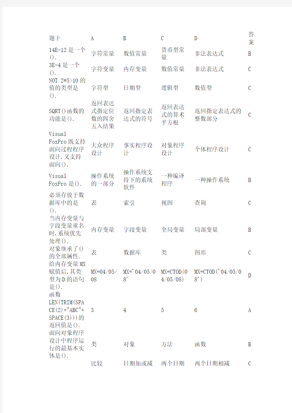 Visual FoxPro单选、判断、填空23192