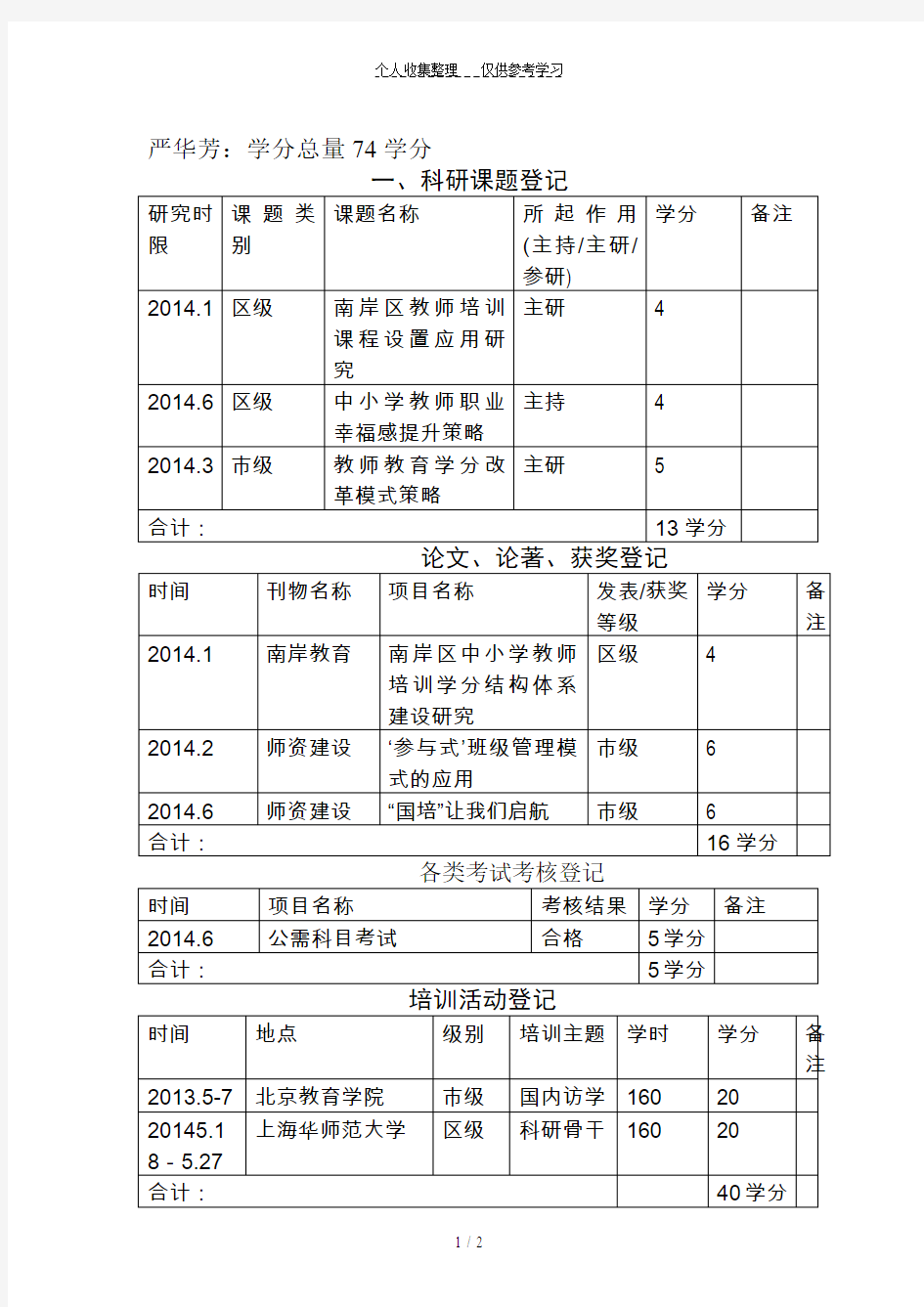 继教学分登记表格