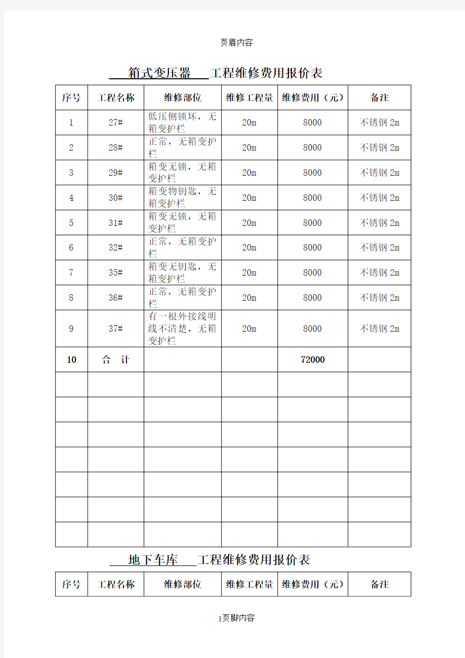 工程维修费用报价表