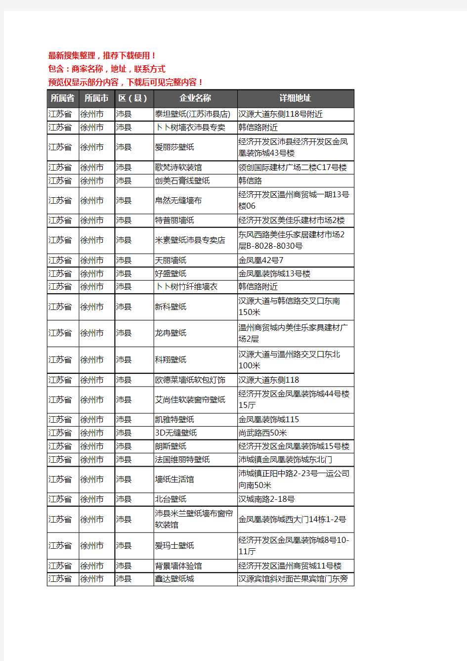 新版江苏省徐州市沛县墙布企业公司商家户名录单联系方式地址大全40家