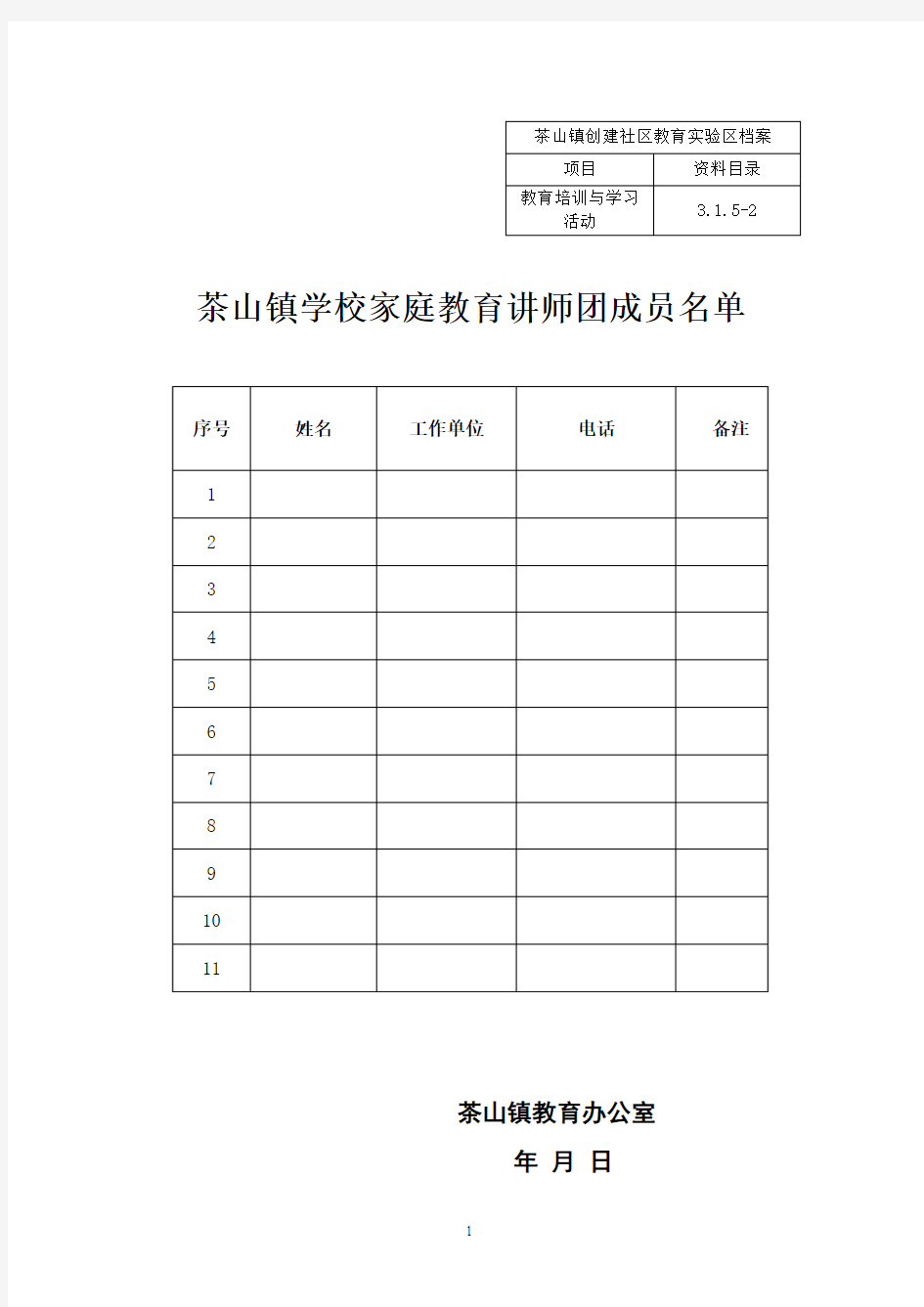 3.1.5-2 XX单位家庭教育讲师团成员名单