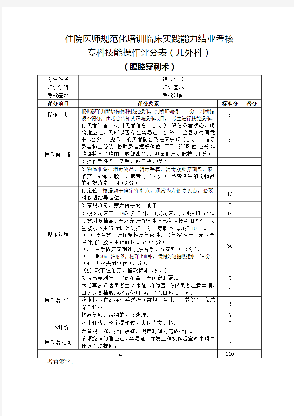 住院医师规范化培训临床实践能力结业考核专科技能操作评分表(儿外科)腹腔穿刺术