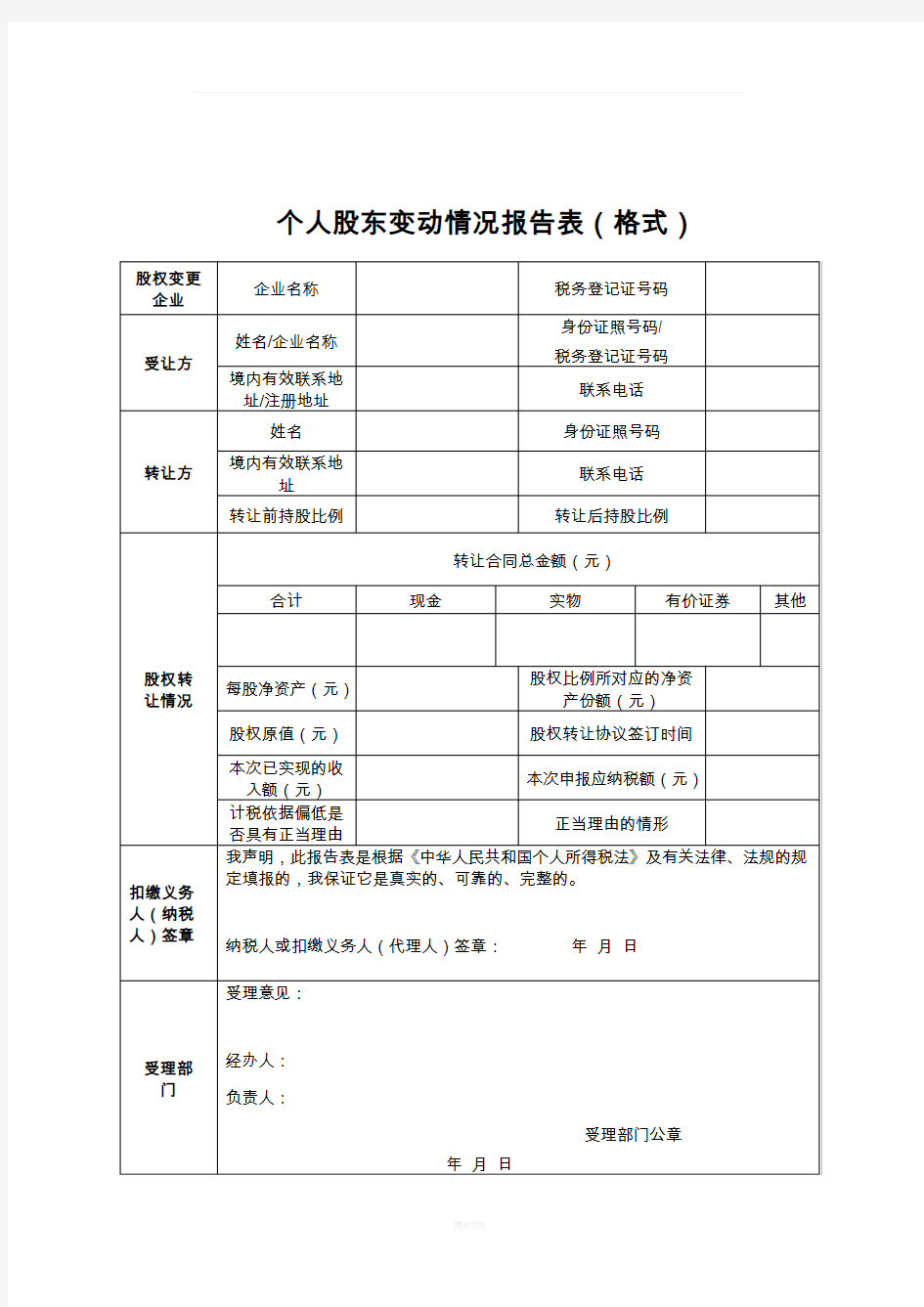 《个人股东变动情况报告表》及填表说明