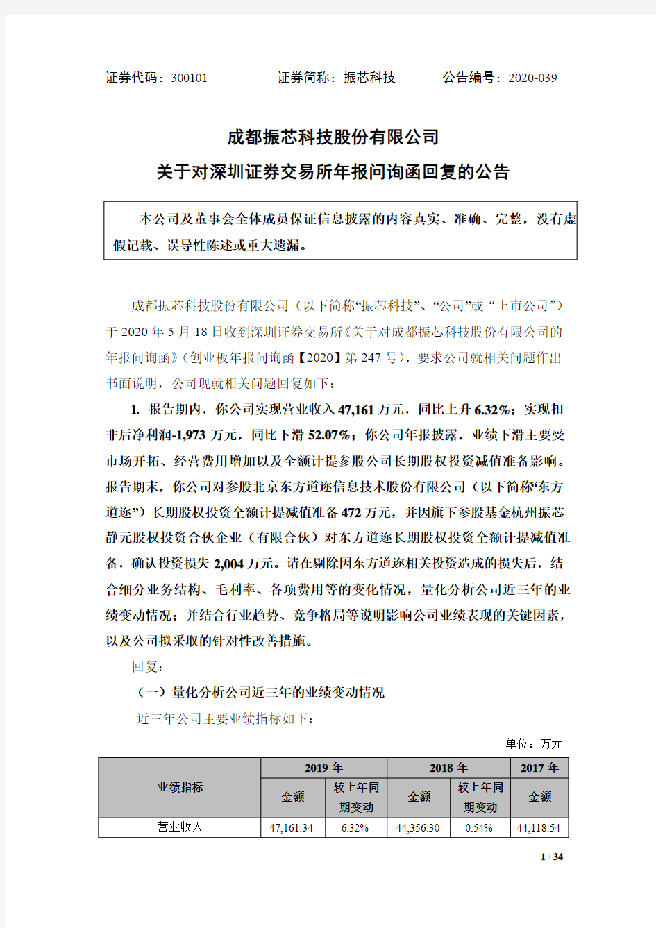 振芯科技：关于对深圳证券交易所年报问询函回复的公告