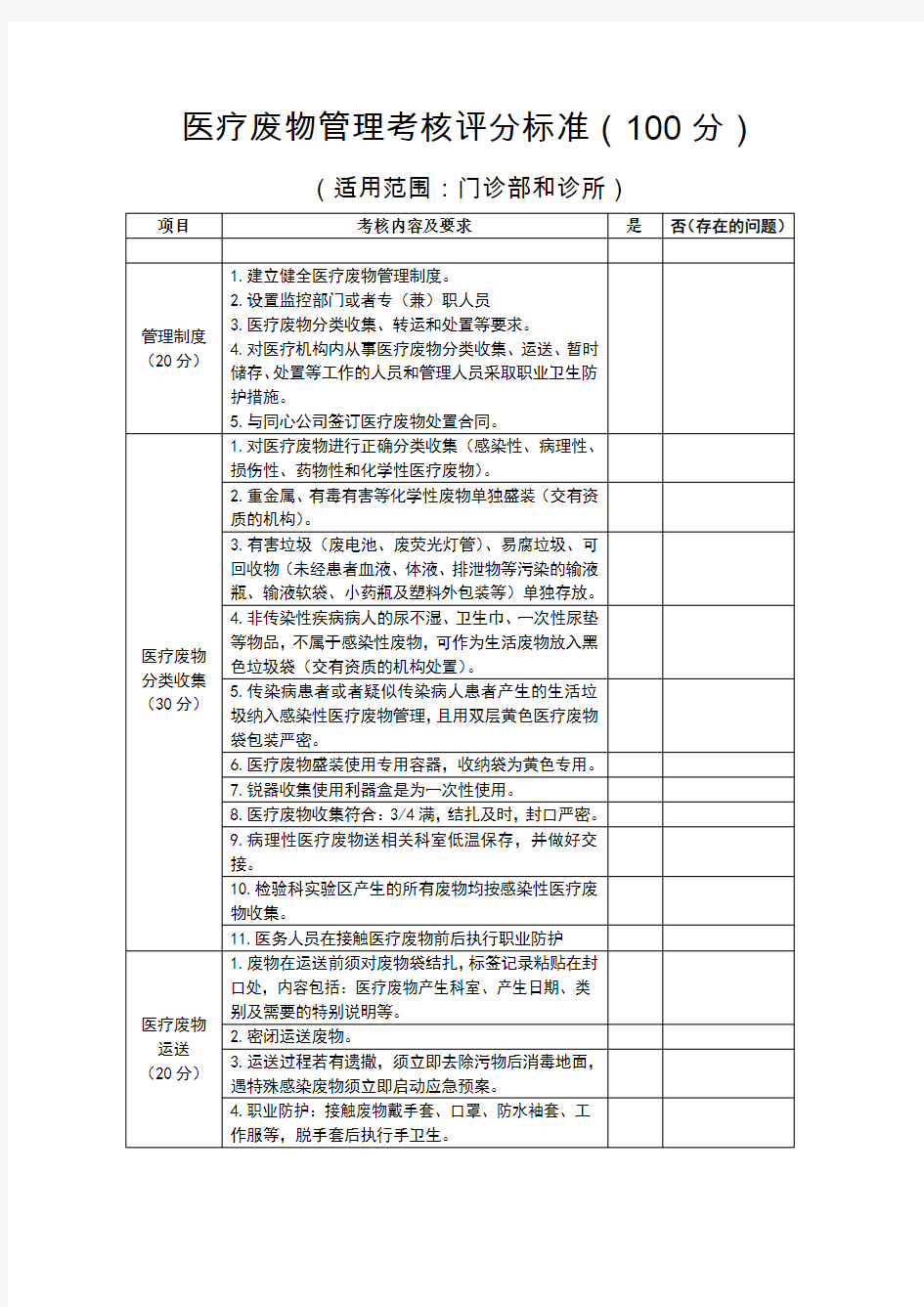 医疗废物管理考核评分标准