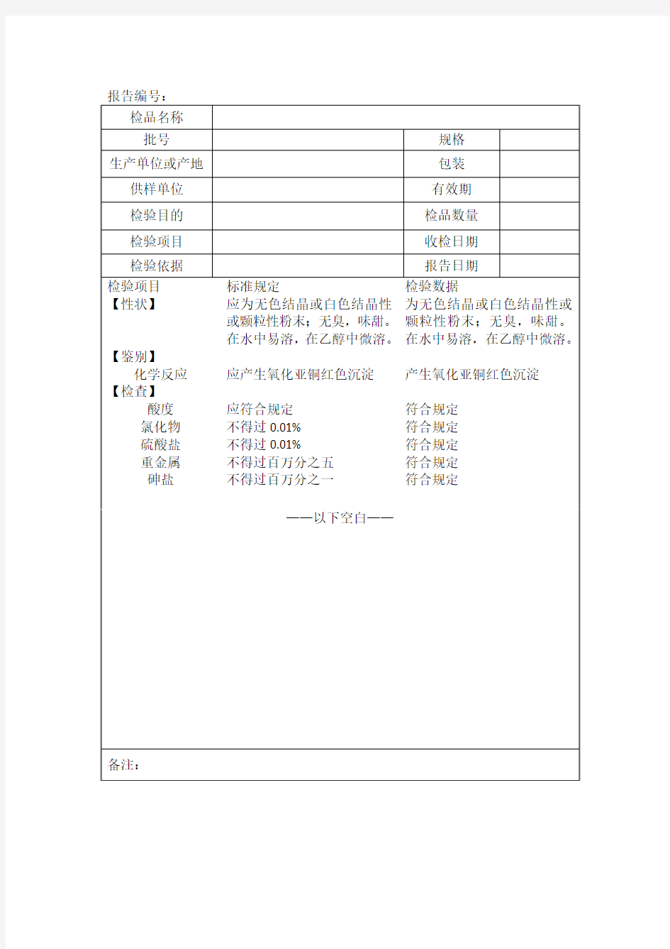 药品检验报告书模板