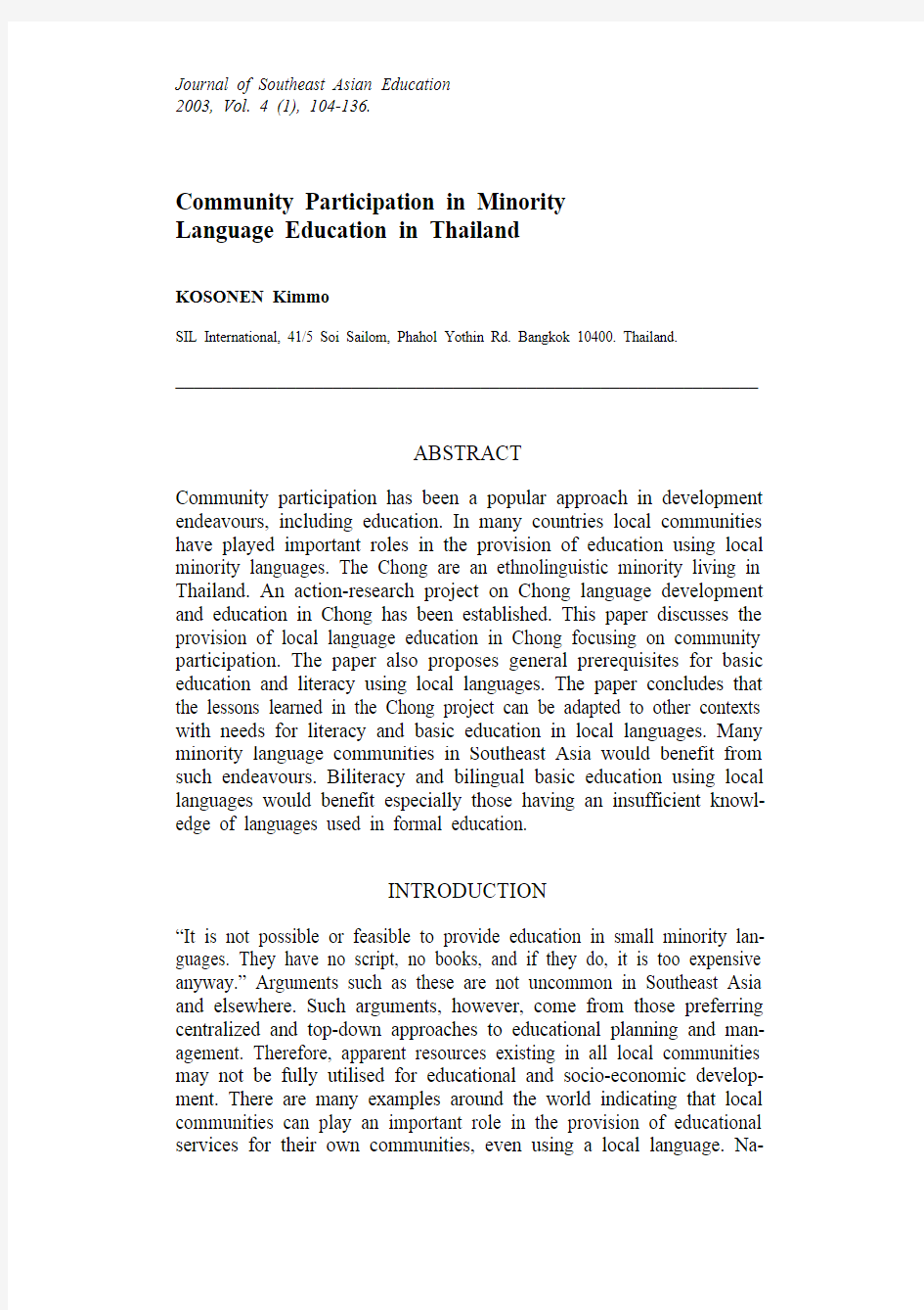 Participation in minority language education - Kosonen 2003