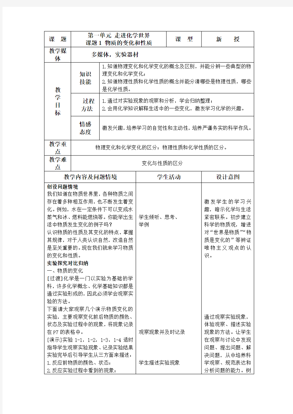 物质的变化和性质教学设计