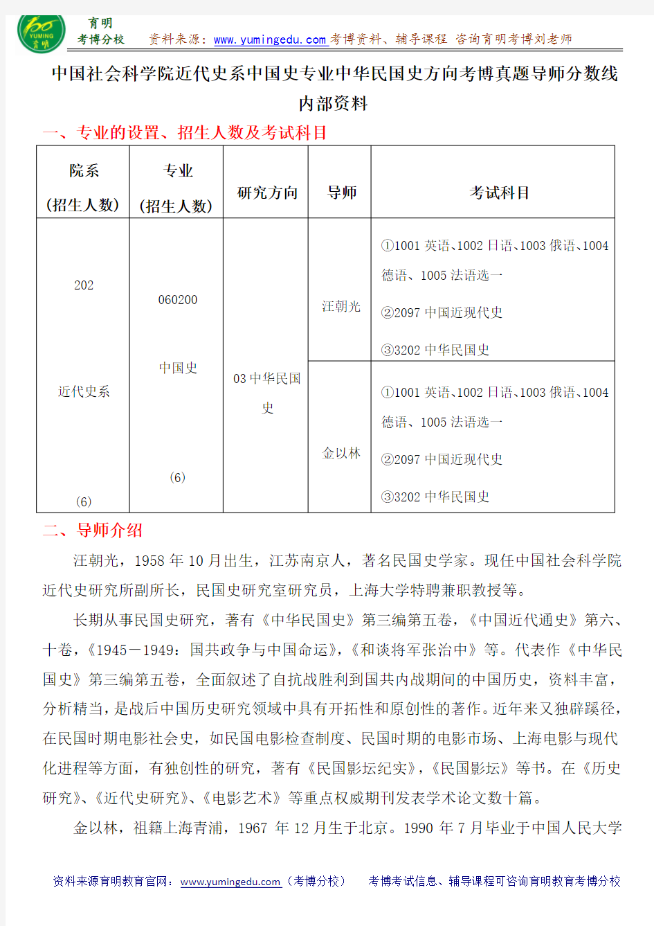 中国社会科学院近代史系中国史专业中华民国史方向考博真题导师分数线内部资料