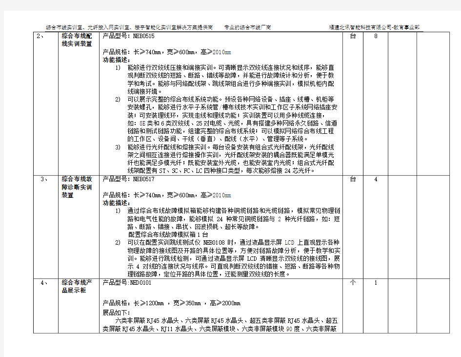 北讯综合布线实训室配置清单(网络综合布线)