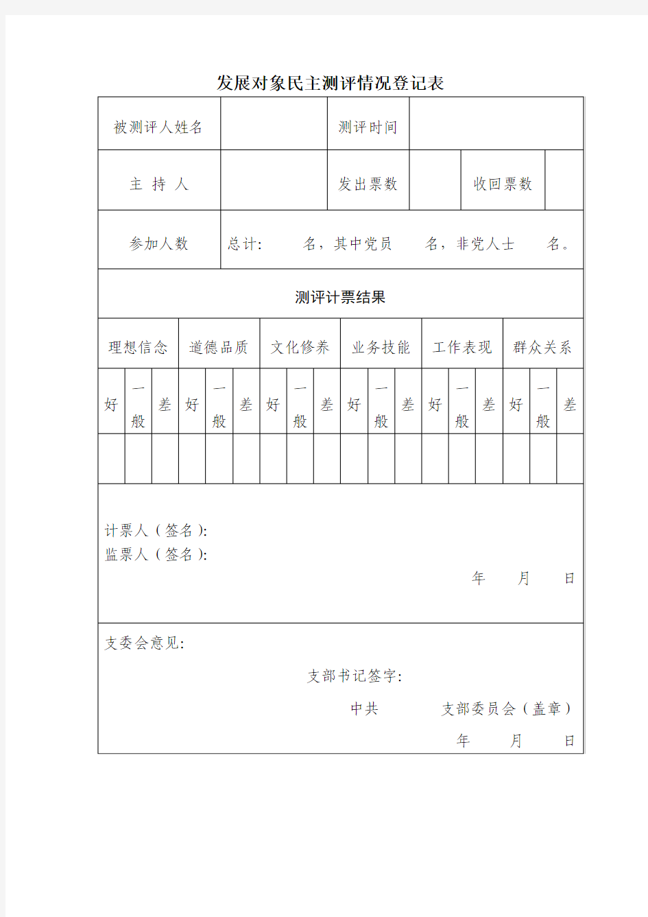 党员发展对象民主测评情况登记表