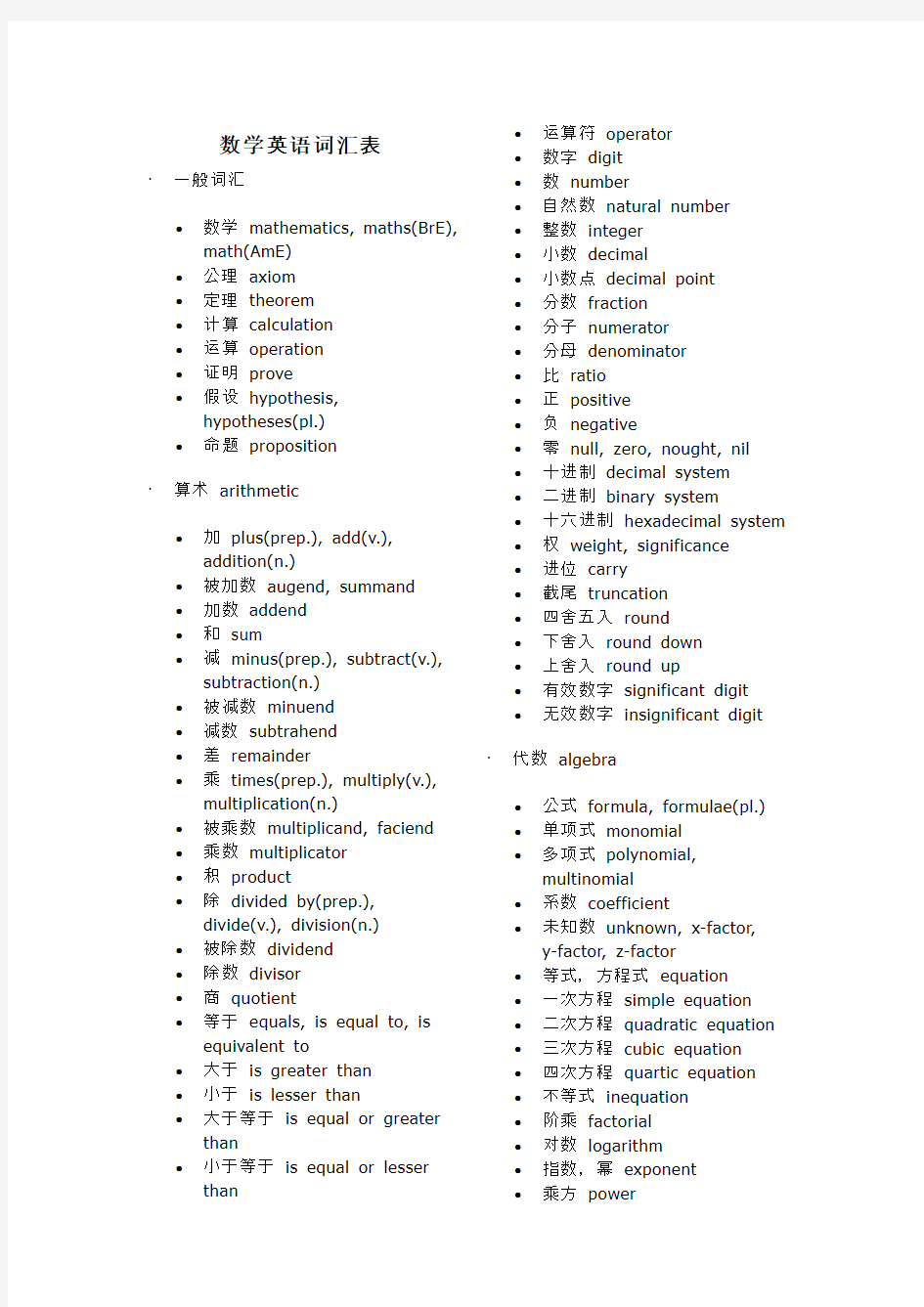 中学数学英语词汇表