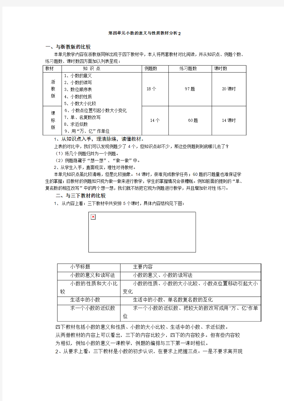 四年级下册小数的意义和性质教材分析