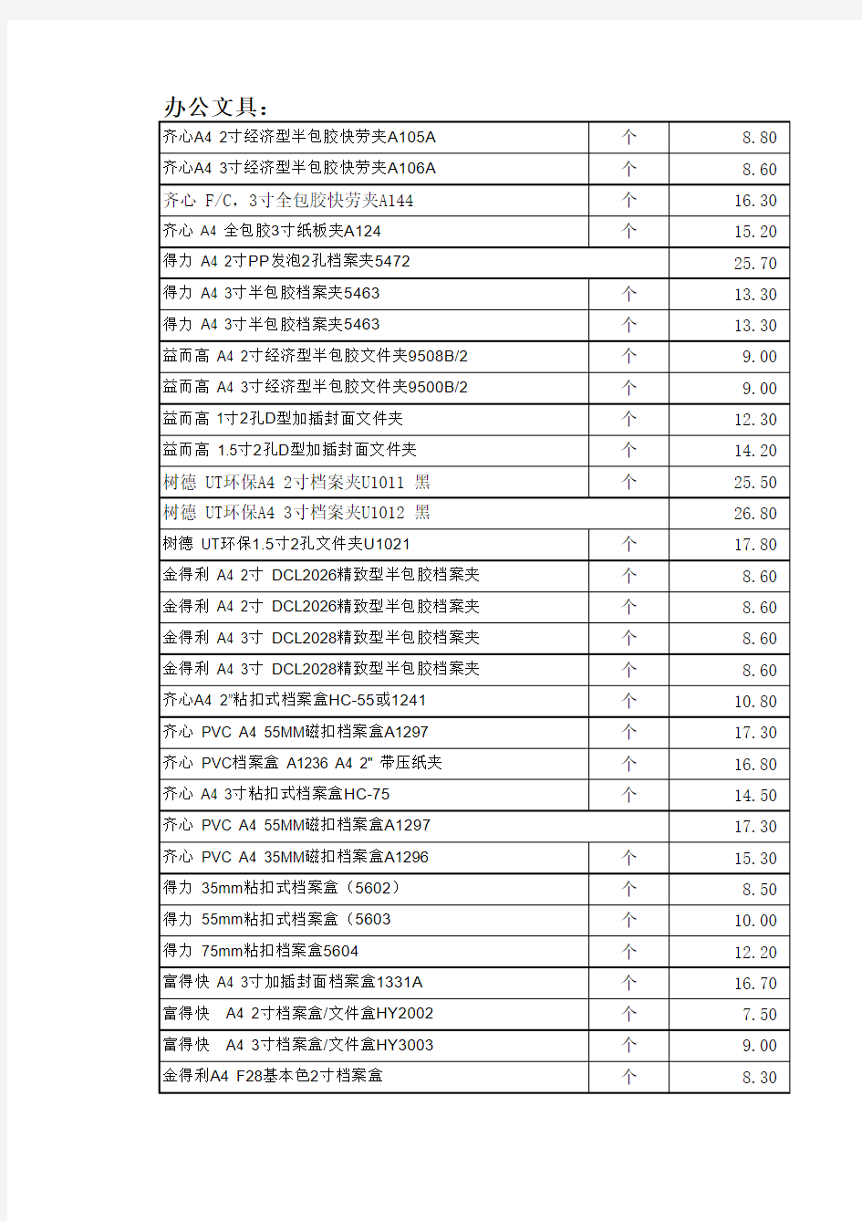 最全的办公用品报价清单