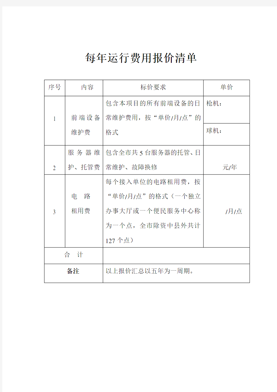 每年运行费用报价清单