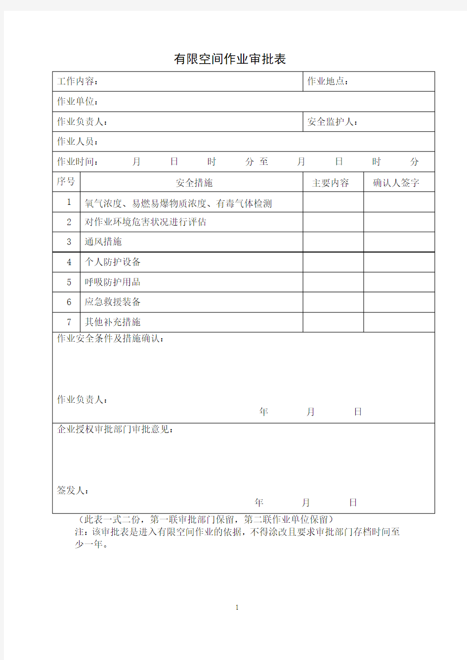 有限空间作业审批表