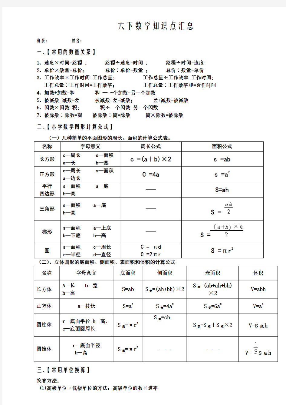 苏教版六下数学知识点汇总