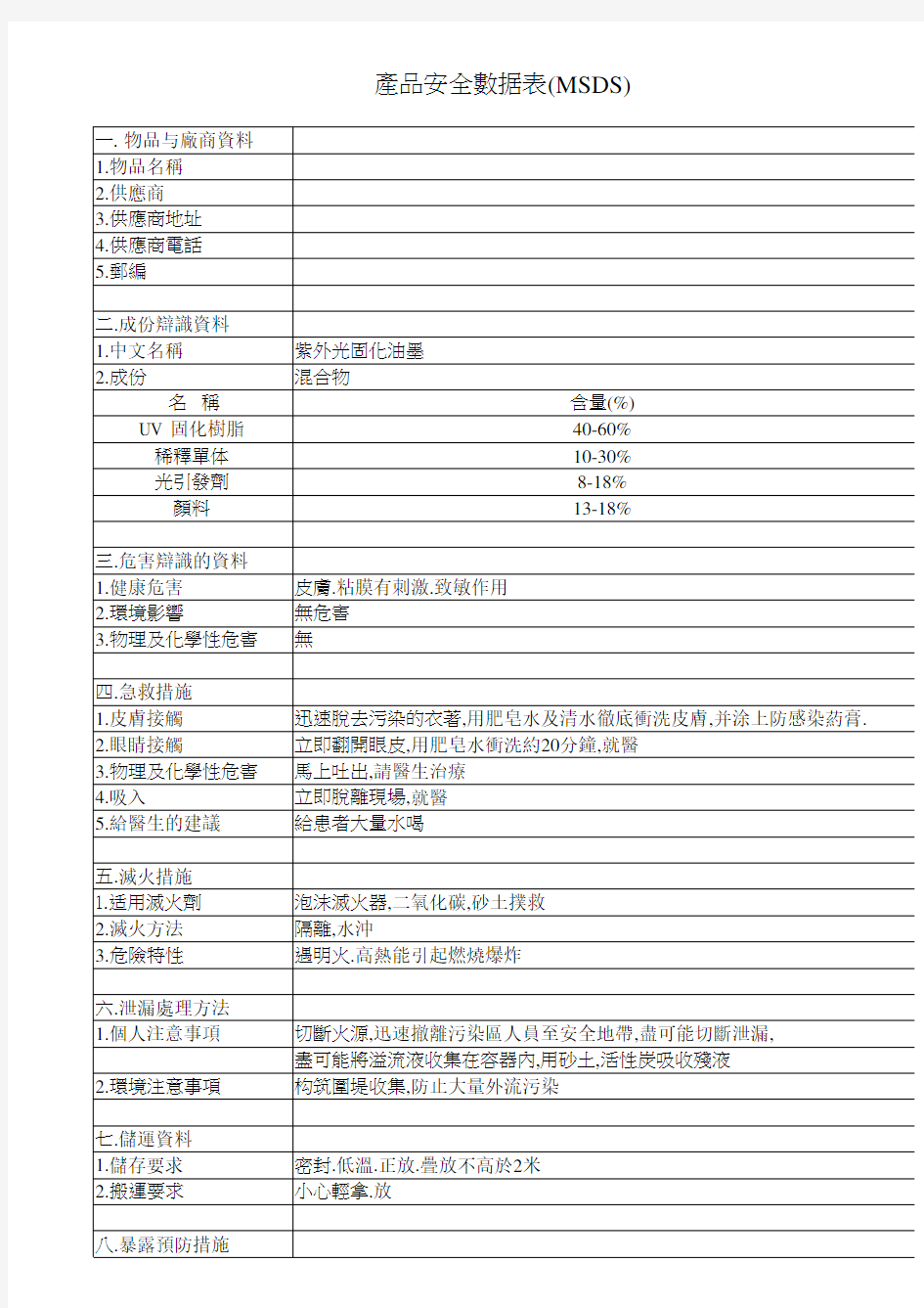 紫外光固化油墨物质安全资料表 MSDS