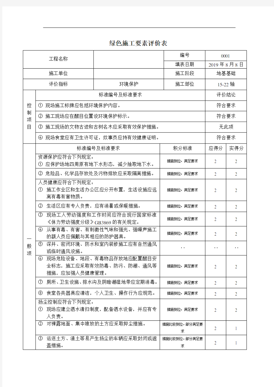 绿色施工要素评价表(环境部分)