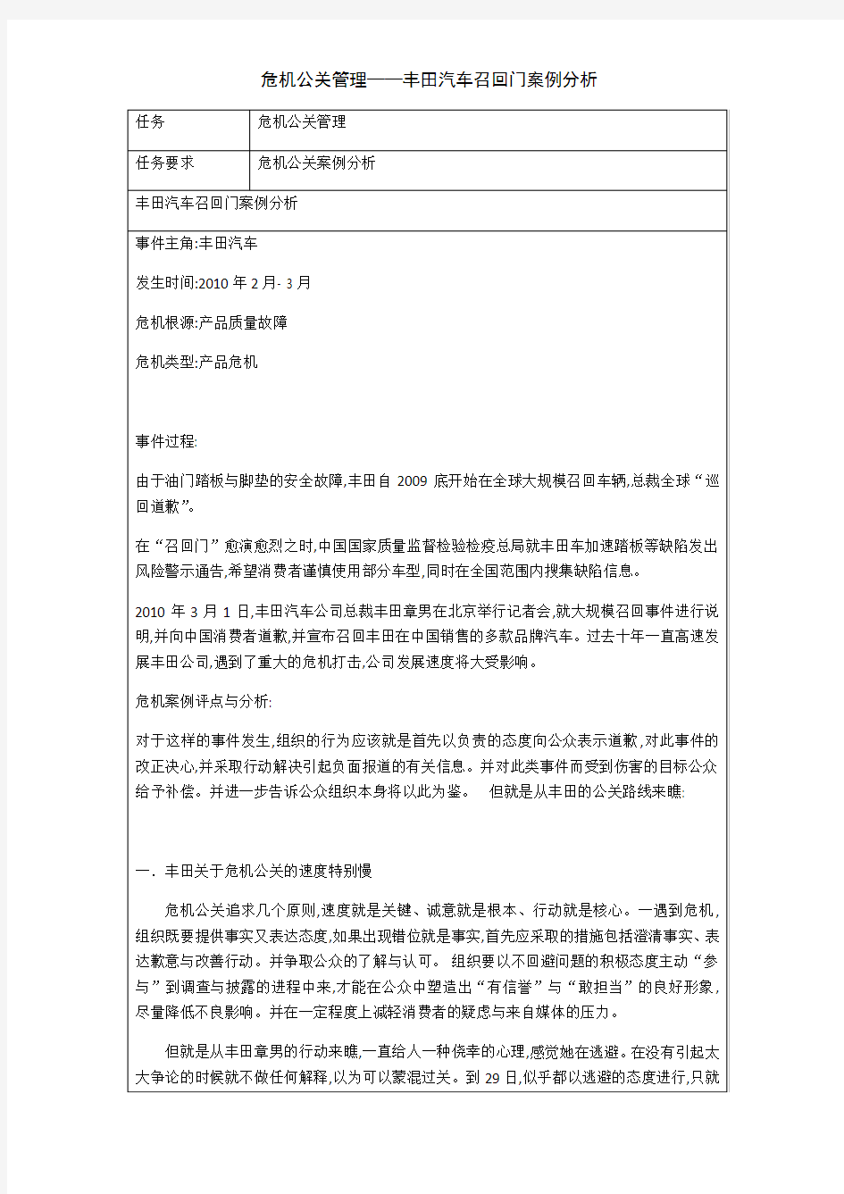 危机公关管理——丰田汽车召回门案例分析