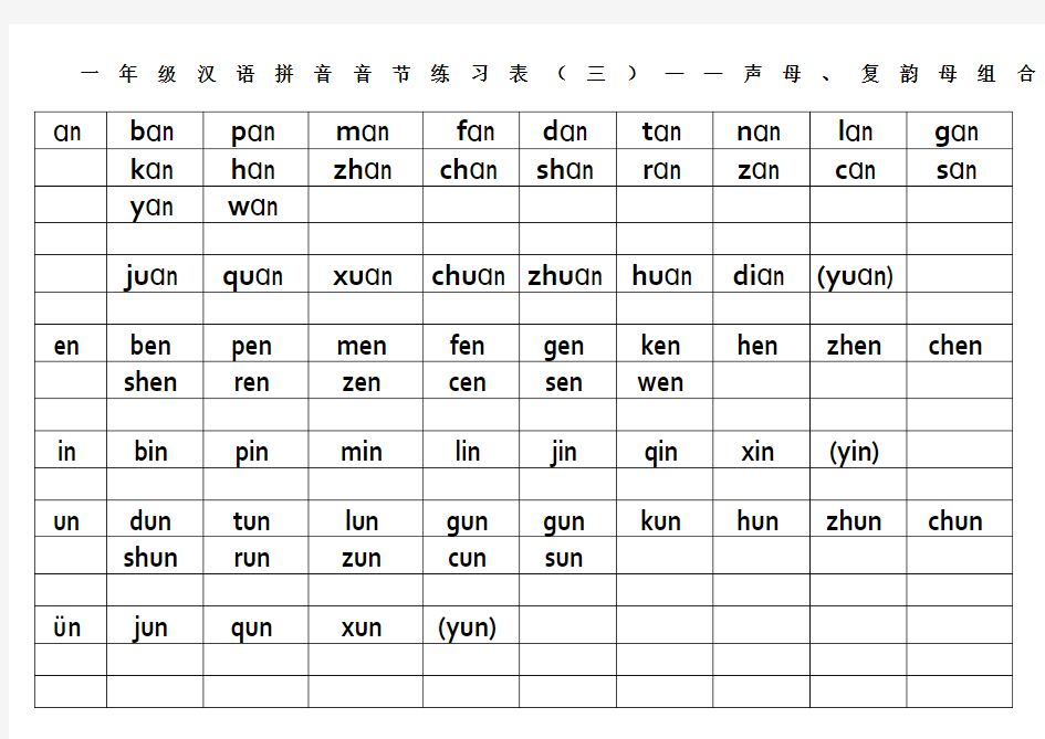 一年级汉语拼音声母复韵母组合音节练习表