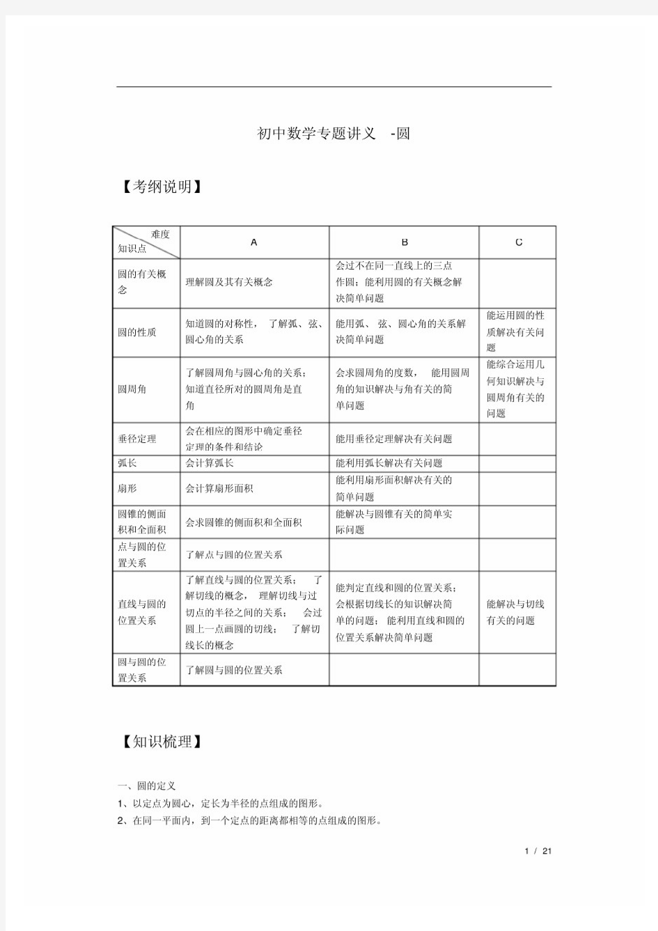 初中数学专题讲义-圆(含答案)