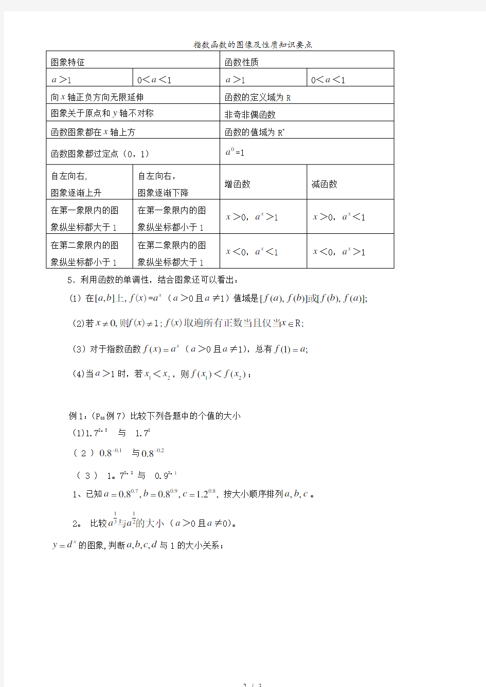 指数函数的图像及性质知识要点