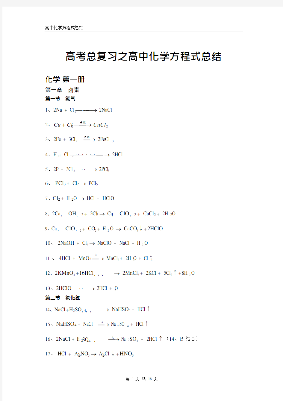 高考总复习之高中化学方程式总结(可编辑修改word版)