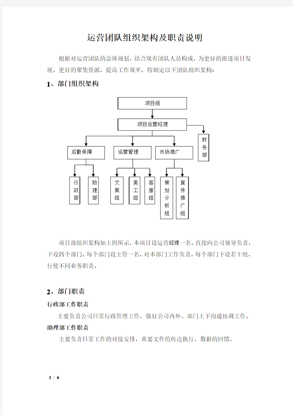 运营团队组织架构及职责说明