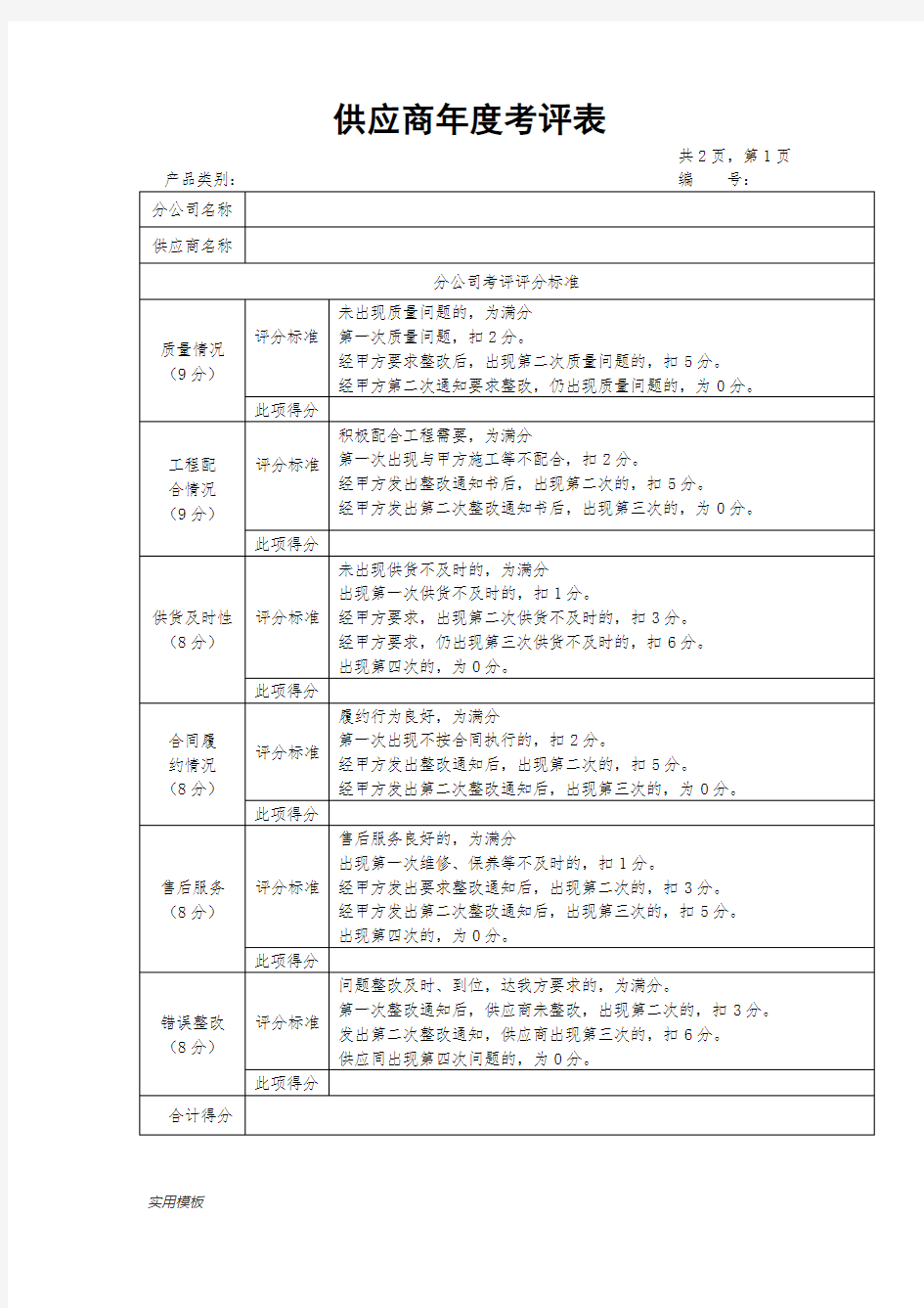 供应商年度考评表【模板】