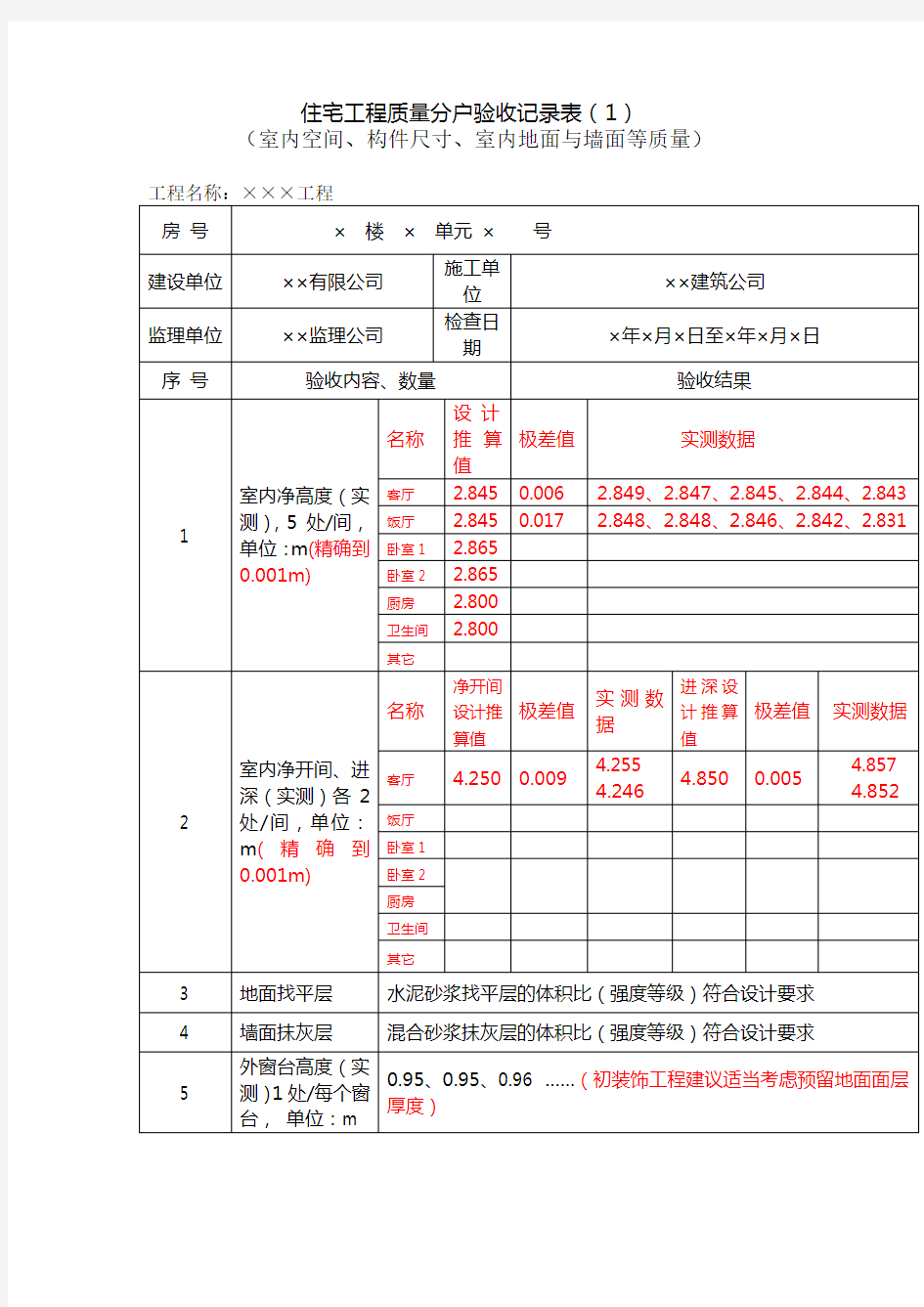 分户验收表格汇总