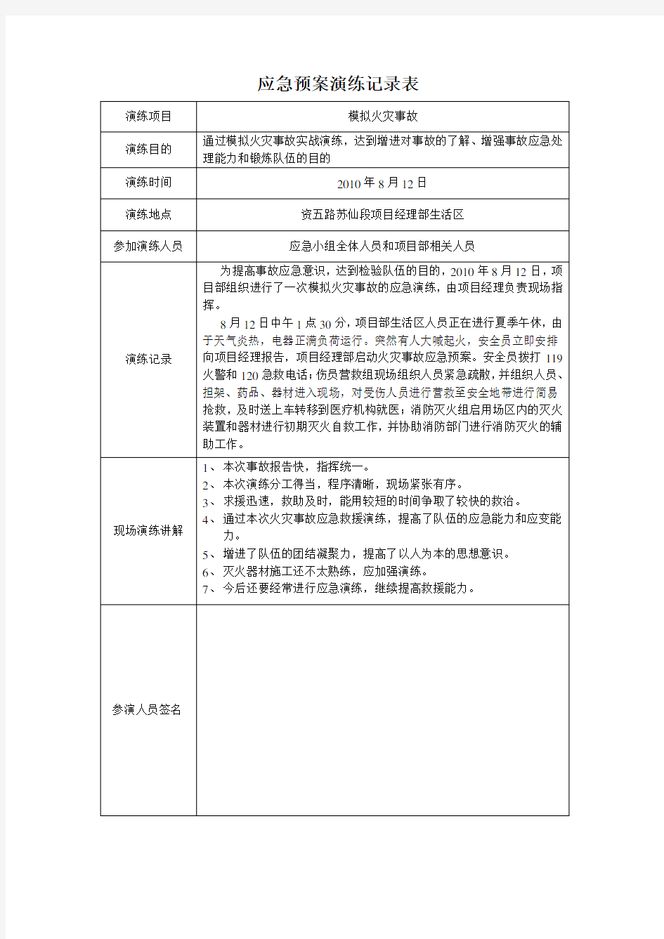 应急预案演练记录