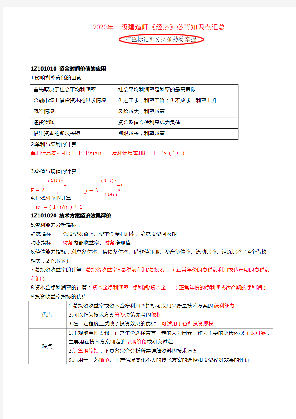 2020年一建《经济》必背知识点考点汇总