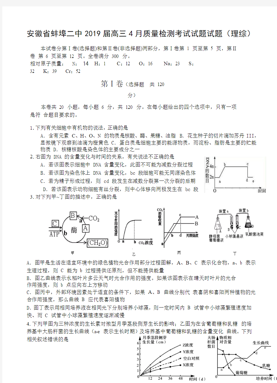 安徽省蚌埠二中2019届高三4月质量检测考试试题试题(理综)