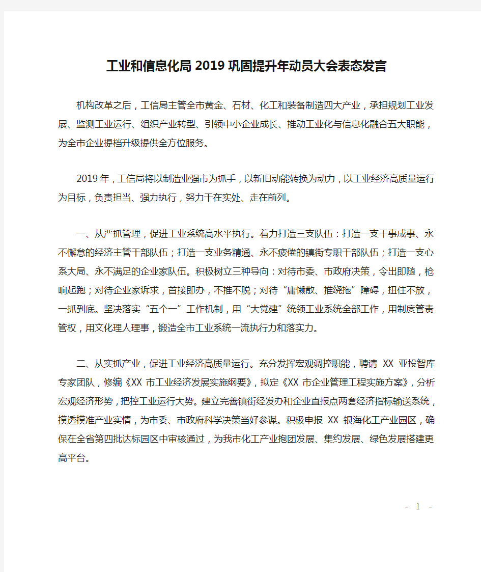 工业和信息化局2019巩固提升年动员大会表态发言