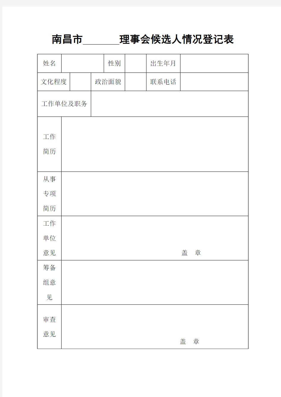 协会理事会候选人情况登记表