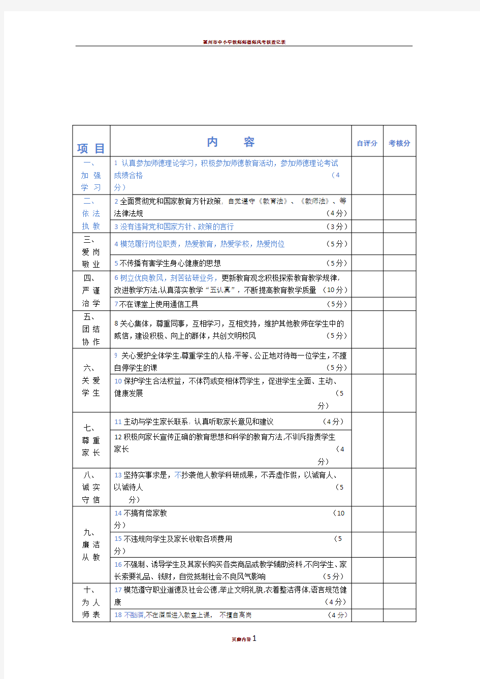 师德师风考核评分表