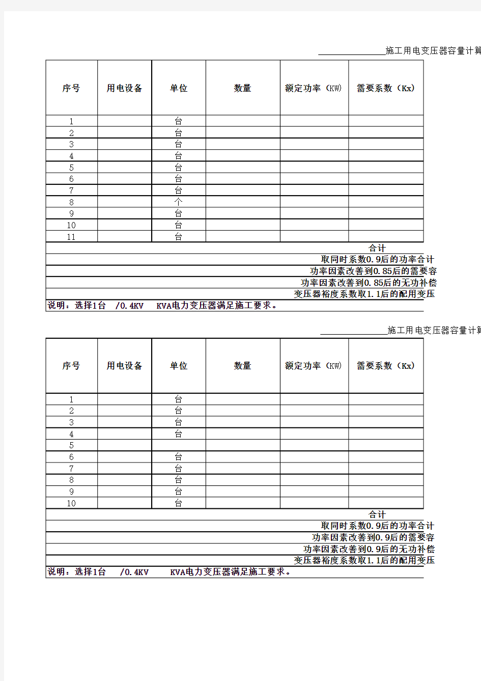 变压器容量及无功补偿容量计算表